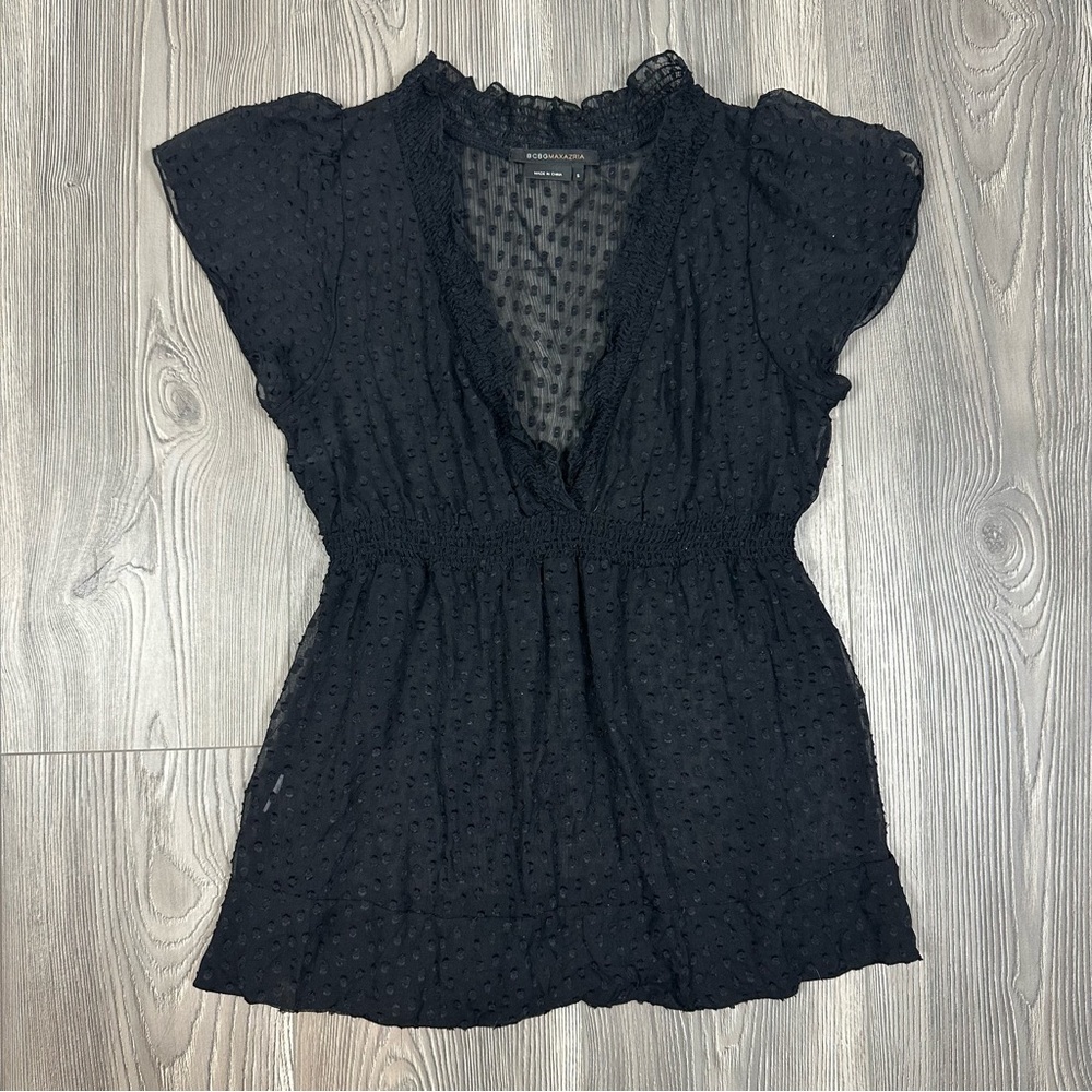 BCBG MaxAzria Black Sheer Polka Dot Flutter Sleeve Smocked Waist Blouse Size‎ S